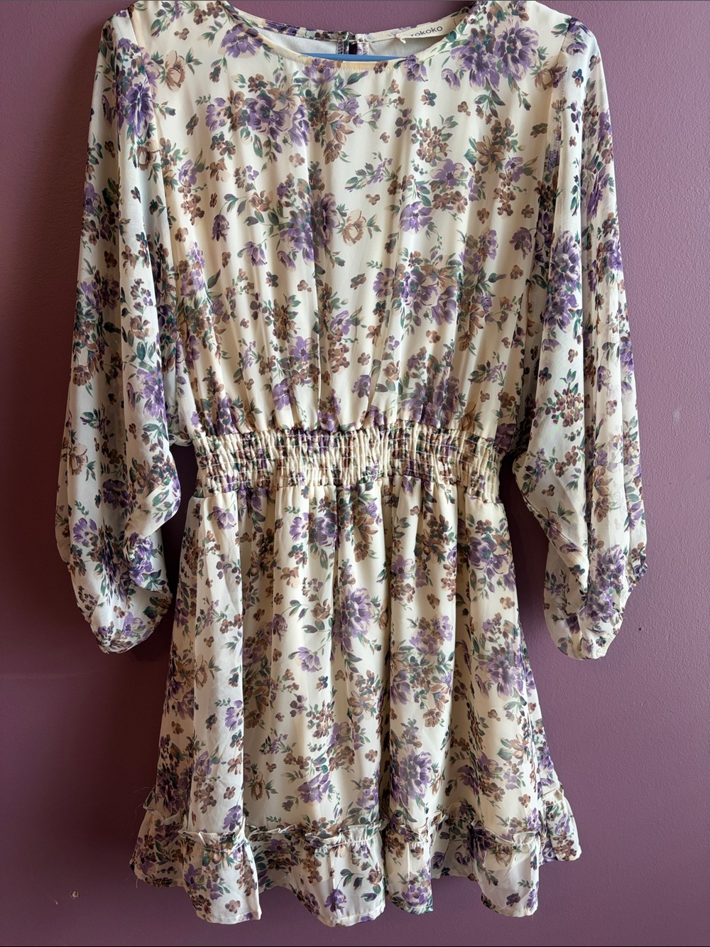 Floral Smocked Waist Long Sleeve Mini Dress - Cream & Lavender